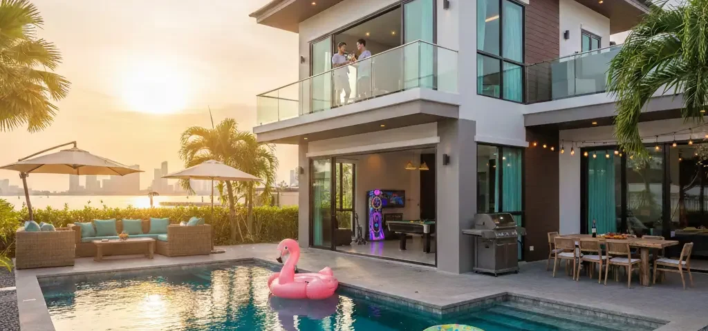 Looking for the best private pool villa for rent in Pattaya? Hunters Resorts offers luxury 4-bedroom villas with private pools, BBQ, and karaoke. Book your stay today!